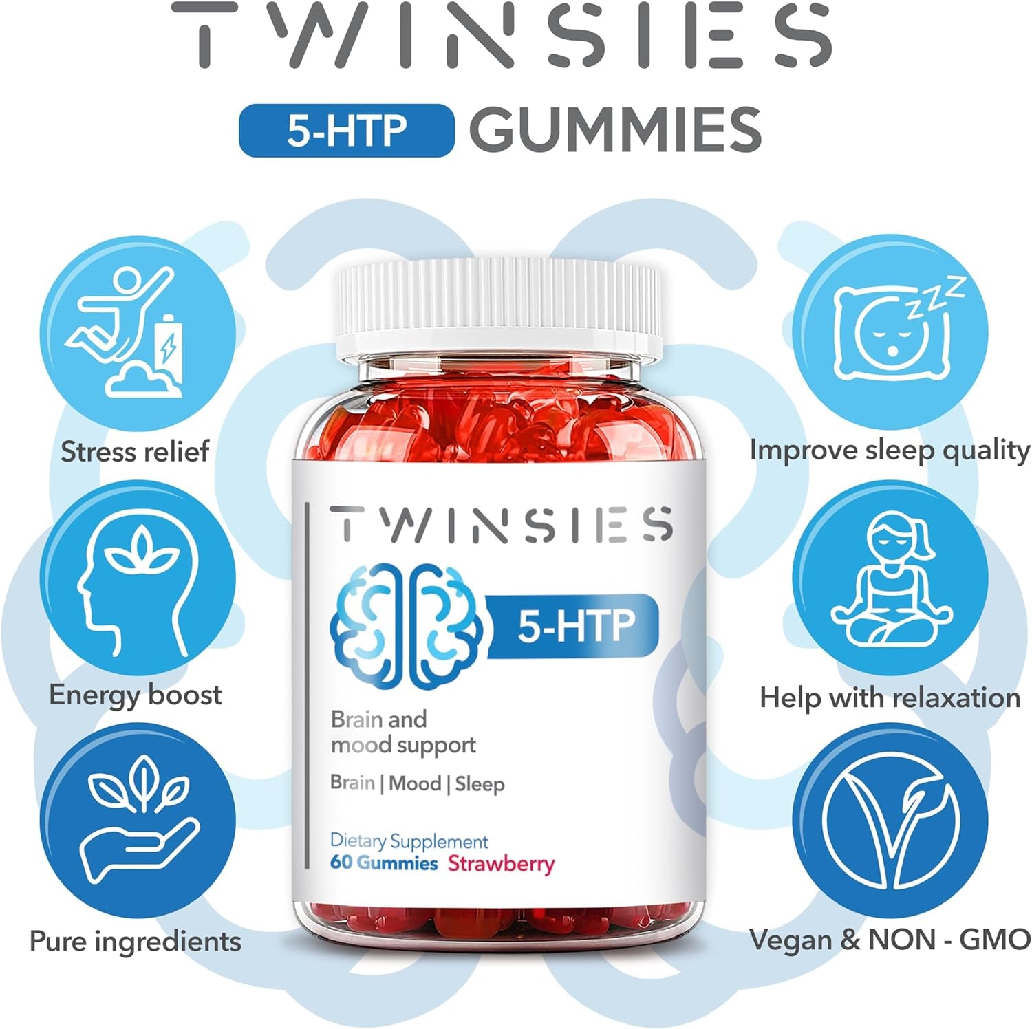 5-HTP Gummies 200Mg with L-Tryptophan Supplement for Brain, Mood Stabilizer and Sleep Support, 60 Strawberry Gummies (Strawberry)