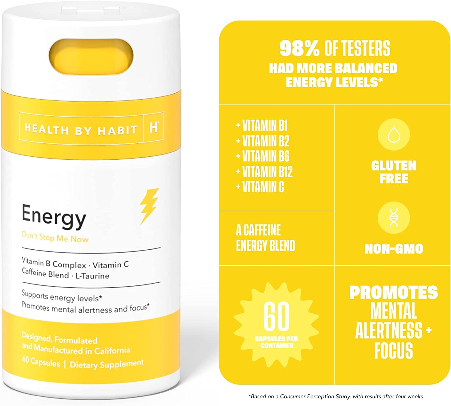 Health by Habit Energy Supplement 2 Pack (120 Capsules) - Natual Caffeine Blend, Vitamins B & C, Supports Energy Levels, Promotes Mental Alertness and Focus, Vegan, Non-Gmo, Sugar Free (2 Pack)