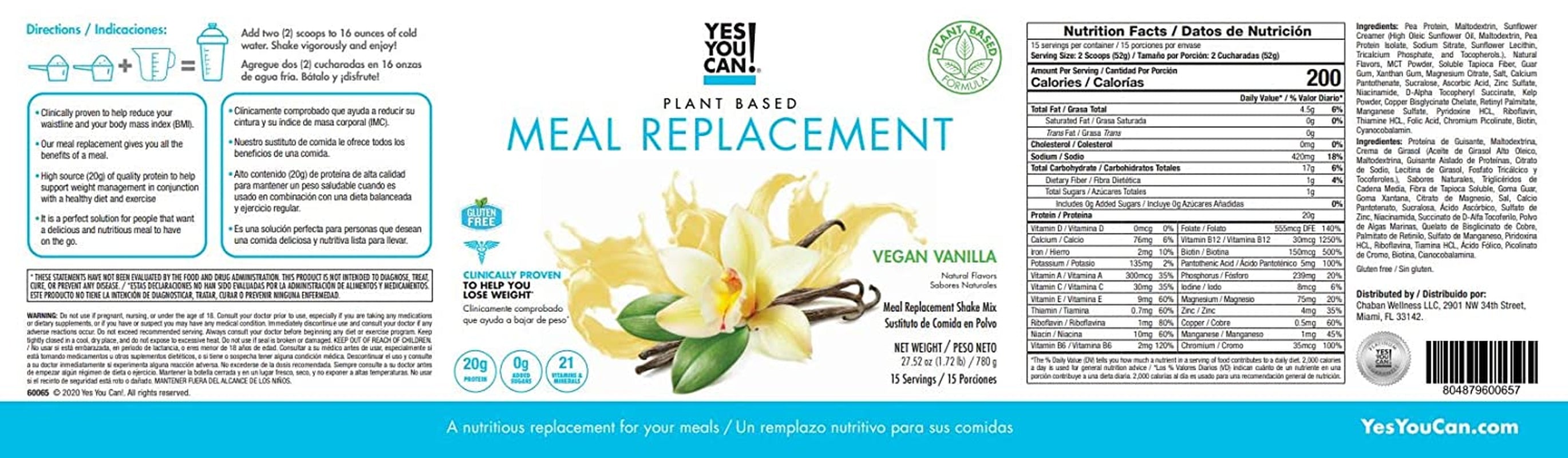 Yes You Can! Complete Meal Replacement Shake - 15 Servings (Vegan Vanilla) - Meal Replacement Protein Powder with Vitamins and Minerals, All-In-One Nutritious Meal Replacement Shakes