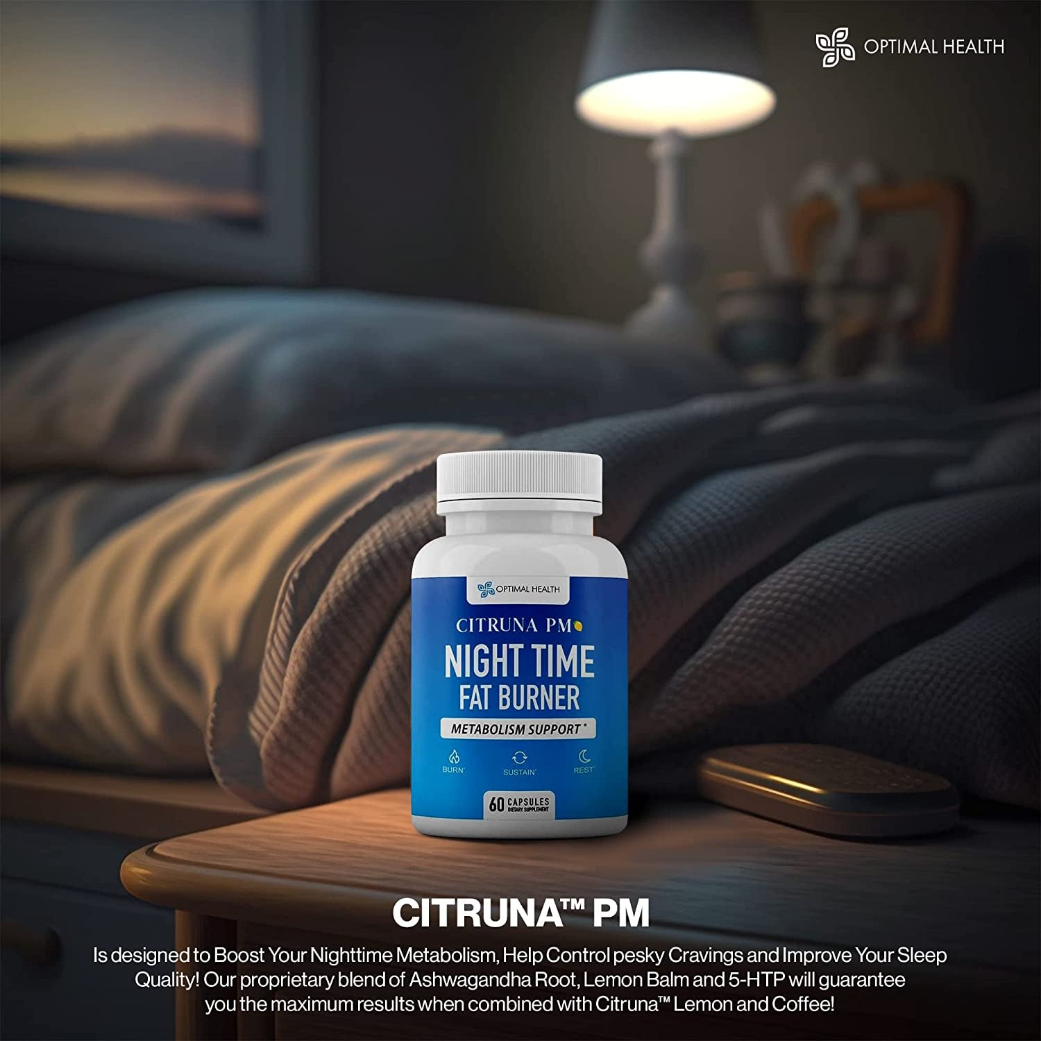 Citruna PM Night Time Weight Loss Supplement for Men & Women- Natural Weight Loss Pills Infused with Ashwagandha, Lemon Balm, 5-HTP - Appetite Control Night Time Fat Loss Pills - 60 Capsules