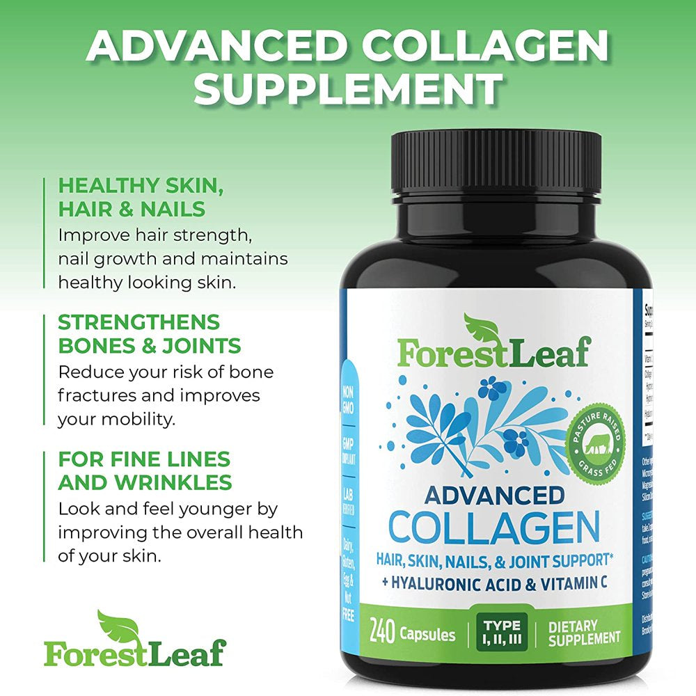 Forest Leaf Collagen Pills Collagen Peptides with Hyaluronic Acid & Vitamin C, 240-Count