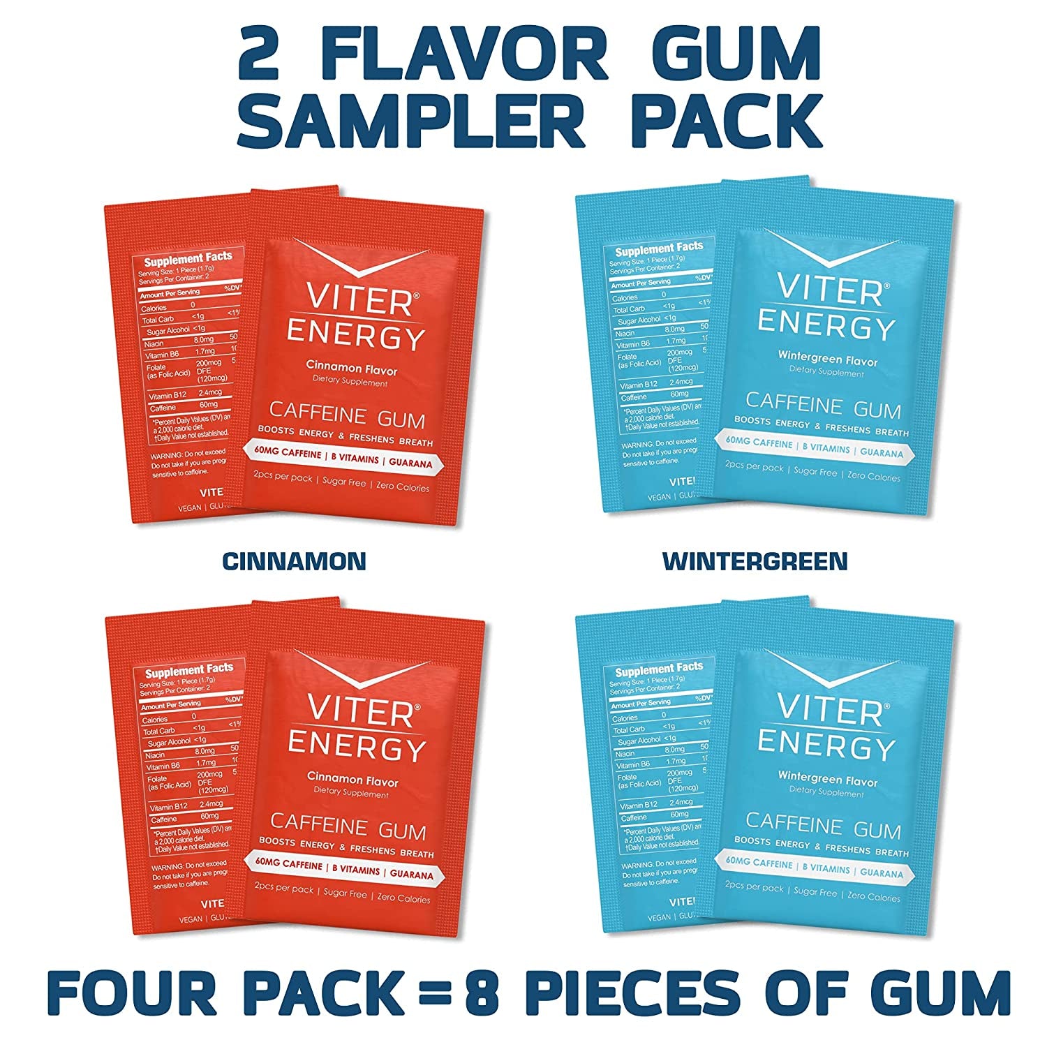 Viter Energy Caffeine Gum Wintergreen Flavor 6 Pack and Caffeine Gum Variety Flavor Sampler Pack Bundle - 60Mg Caffeine, B Vitamins, Guarana, Sugar Free, Vegan, Chewing Gum, Powerful Energy Booster