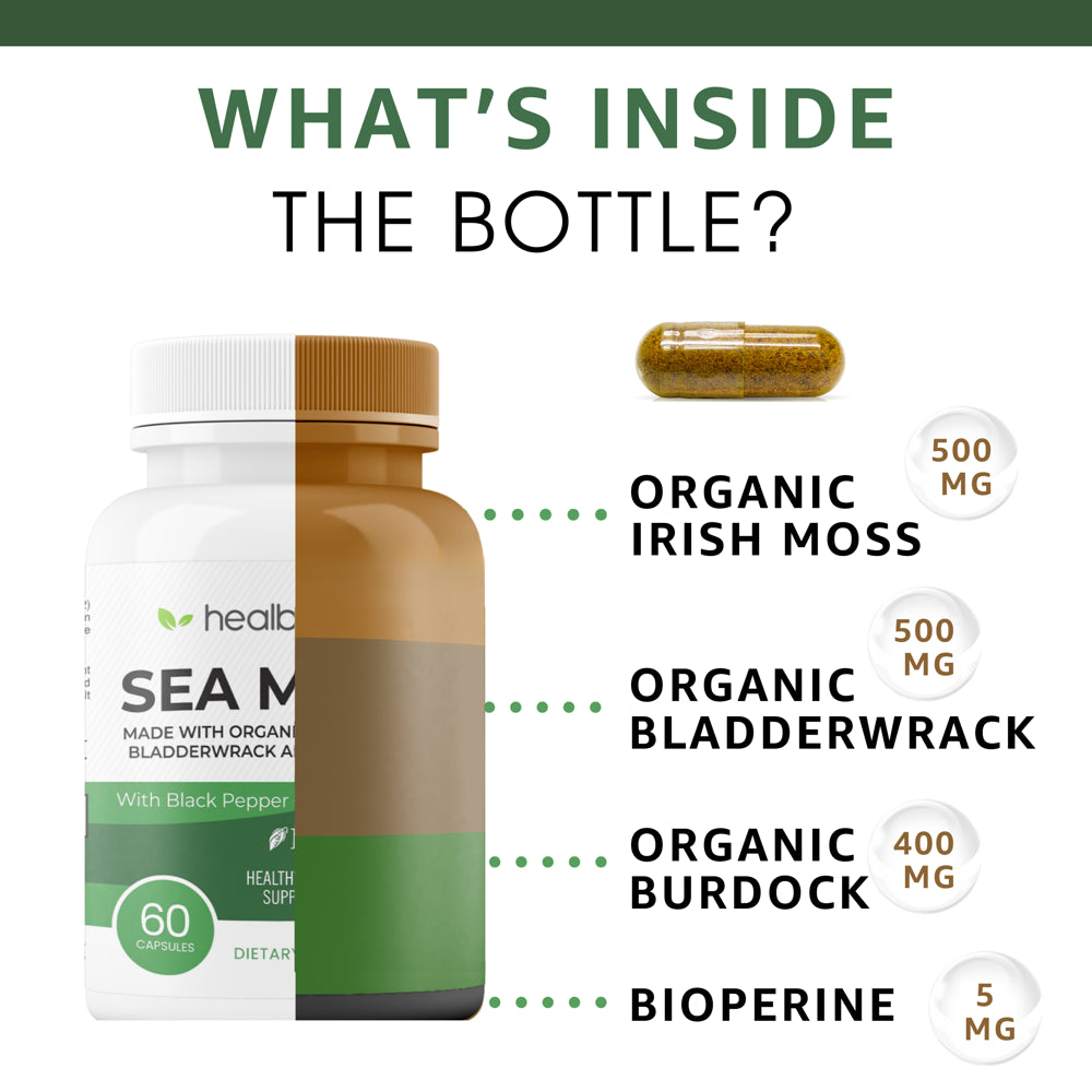 Healblend Organic Irish Moss, Bladderwrack, Burdock, & Bioperine - 1405Mg with Black Pepper - Natural Wellness and Detox Support Supplement - 3-Pack