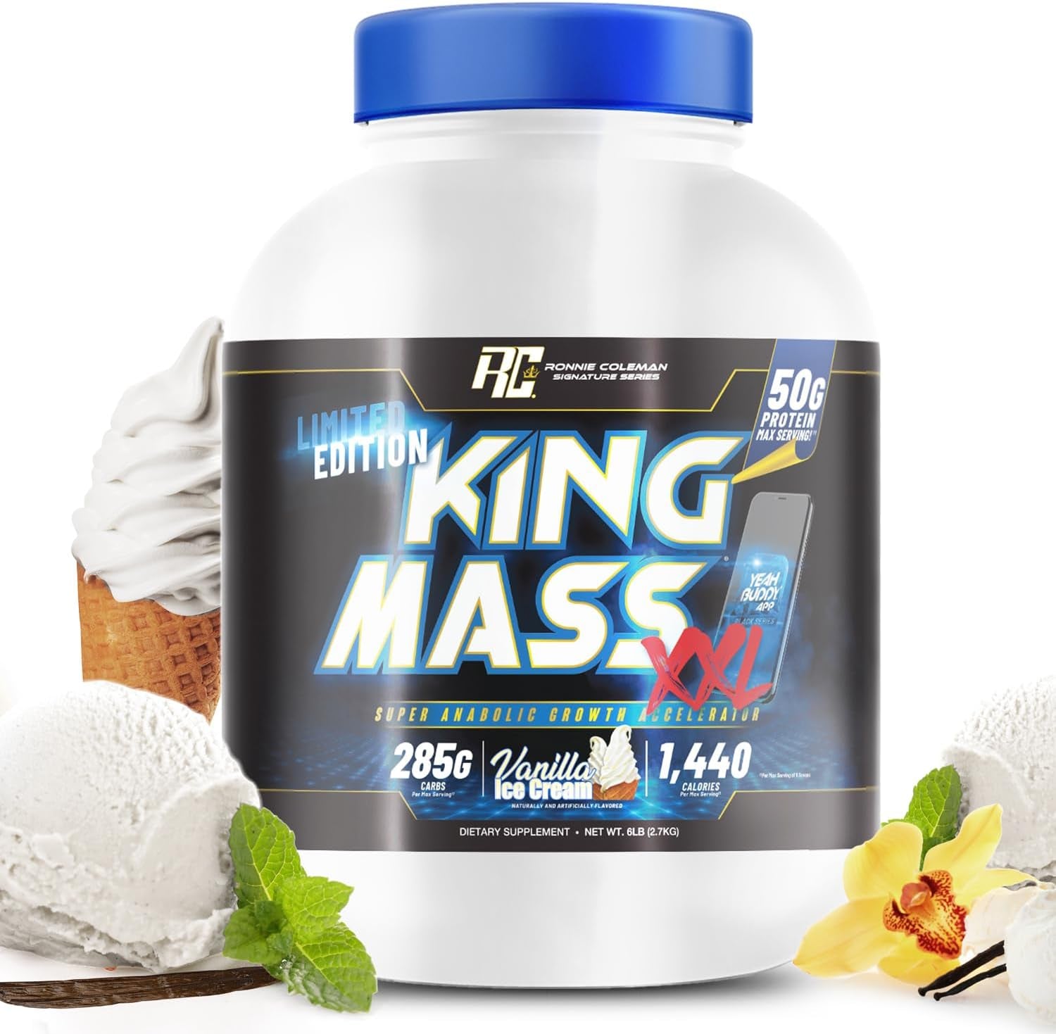 Ronnie Coleman Signature Series King Mass XXL Mass Gainer Protein Powder, Muscle Gainer, 50G Protein, 285G Carbohydrates, 1,400+ Calories, Creatine and Glutamine, 6Lb (Vanilla (6 Pound))