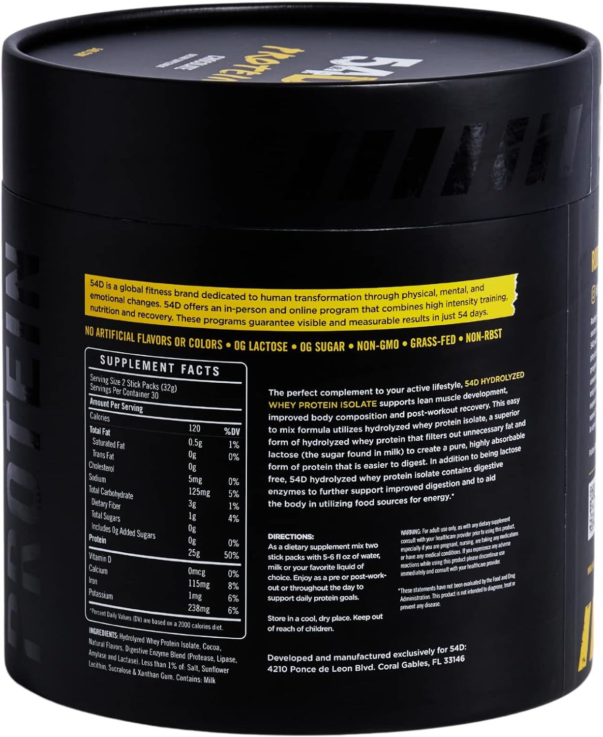 54D Protein Powder 25Gr, Hydrolyzed Whey Isolate, Repair Muscle Tissue after Workout, Sugar & Gluten Free, Chocolate, 60 Single Service Stick, 33.8 Oz