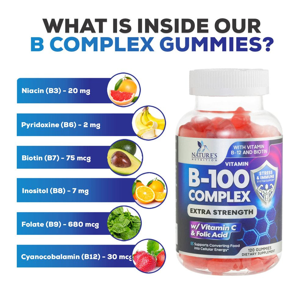 Super B Complex Gummies with Vitamin C & Folic Acid, Extra Strength Vitamin B Gummy Supplement with Niacin, B6, Folic Acid, B12, Biotin, Nature'S Energy Immune Support Supplements - 120 Gummies