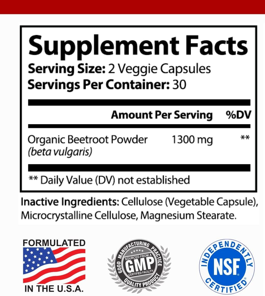 Hybrid Nutraceuticals Organic Beet Root Capsules 1300Mg - Natural Nitric Oxide Supplement Booster, Supports Blood Pressure, Circulation, Heart Health, Athletic Performance - 60 Capsules