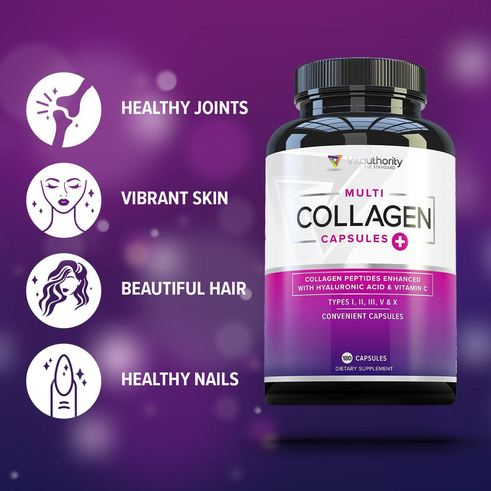 Vitauthority Multi Collagen Pills for Women & Men - Hydrolyzed Collagen Peptides with Vitamin C and Hyaluronic Acid 180Ct