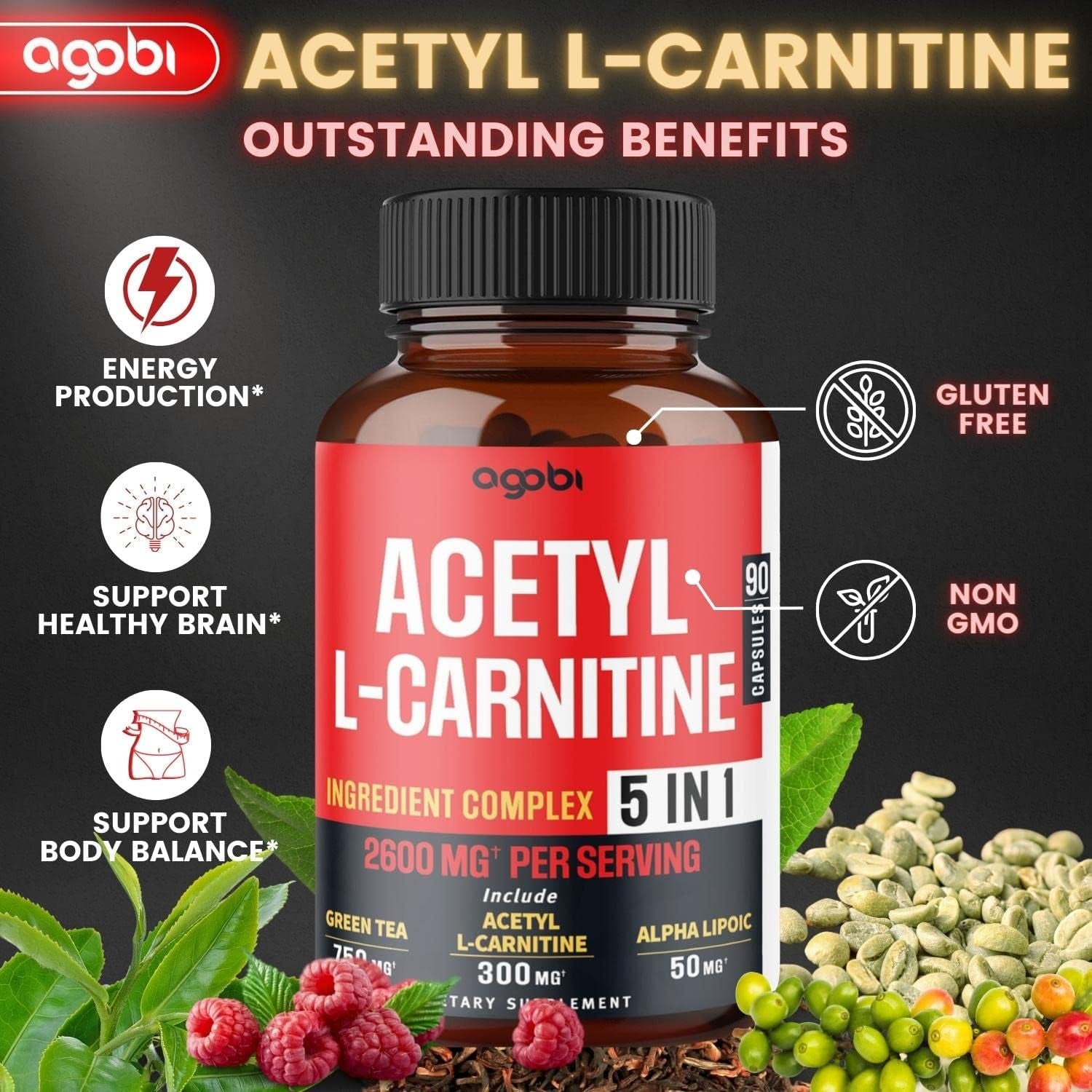 Acetyl L-Carnitine Supplement - 2600Mg 3 Months - Blended with Alpha Lipoic Acid, Green Tea, Green Coffee Bean & Raspberry Ketones - Memory & Brain Health Support, Non-Gmo - 90 Vegan Capsules