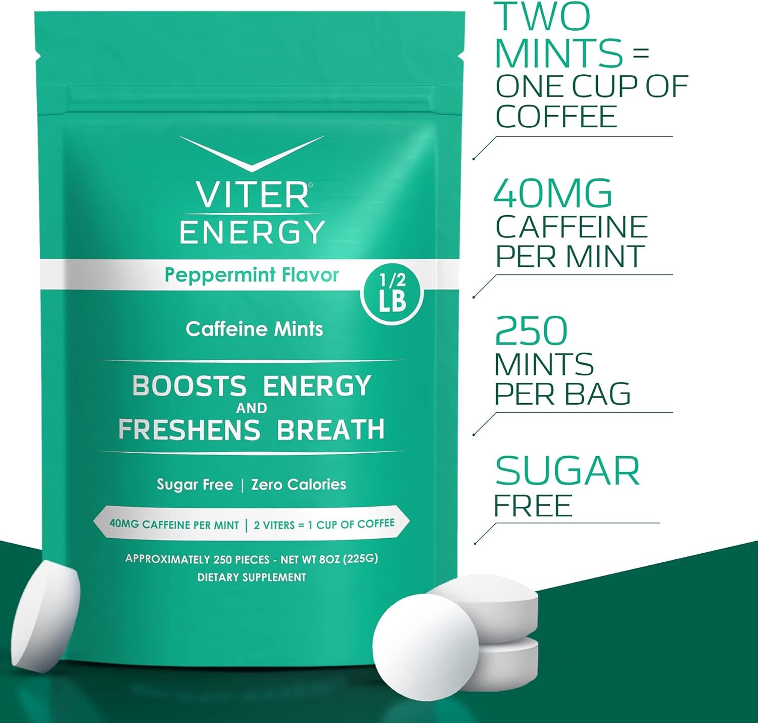 Viter Energy Original Caffeine Mints Peppermint Flavor 6 Pack and 1/2 Pound Bulk Bag Bundle - 40Mg Caffeine, B Vitamins, Sugar Free, Vegan, Powerful Energy Booster for Focus and Alertness