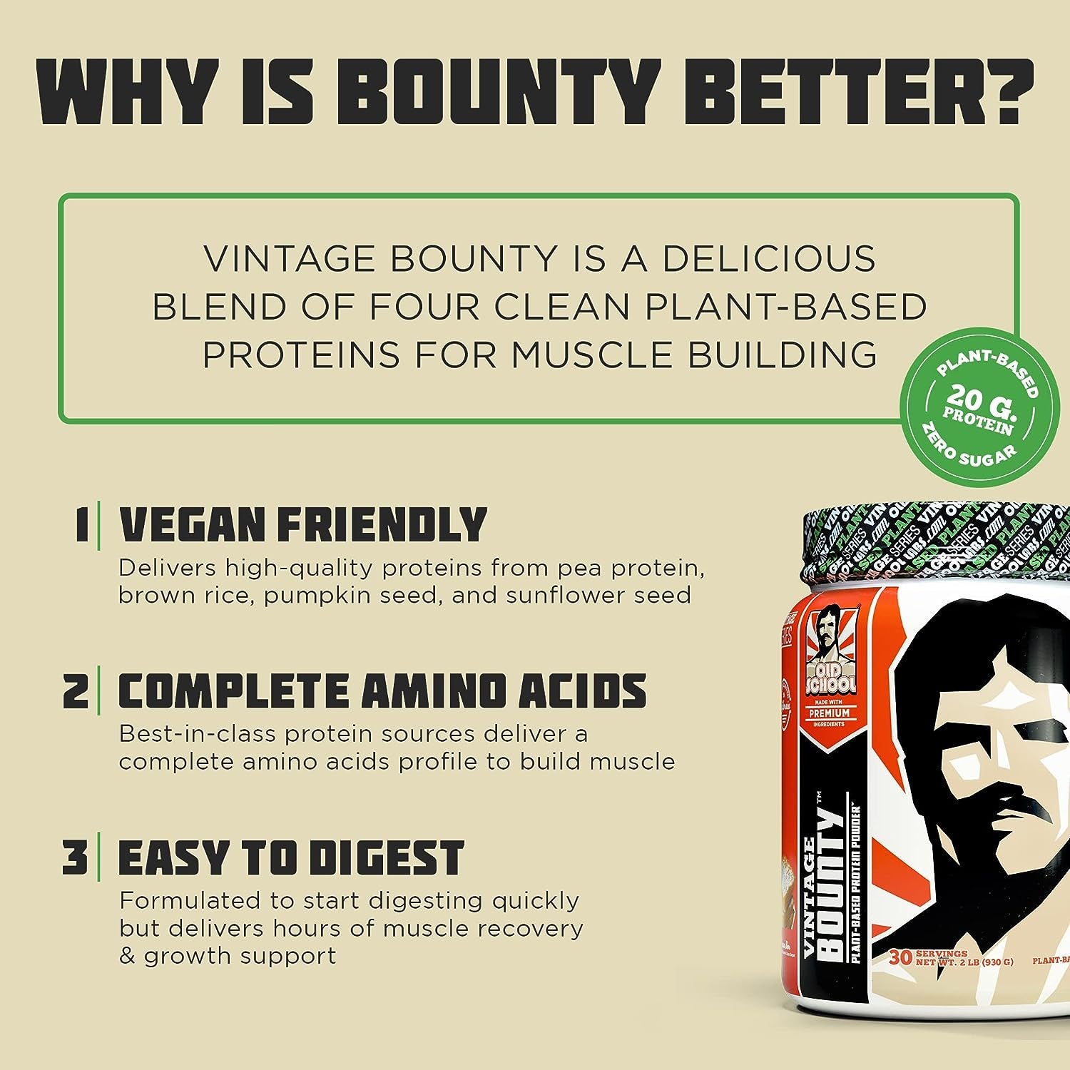 Vintage Bounty - Plant Based Vegan Protein Powder, Post-Workout & Recovery – Pea, Brown Rice, Pumpkin, & Sunflower Seed Protein – Smooth Delicious Oatmeal Creme Pie Flavor, 2 Lbs.