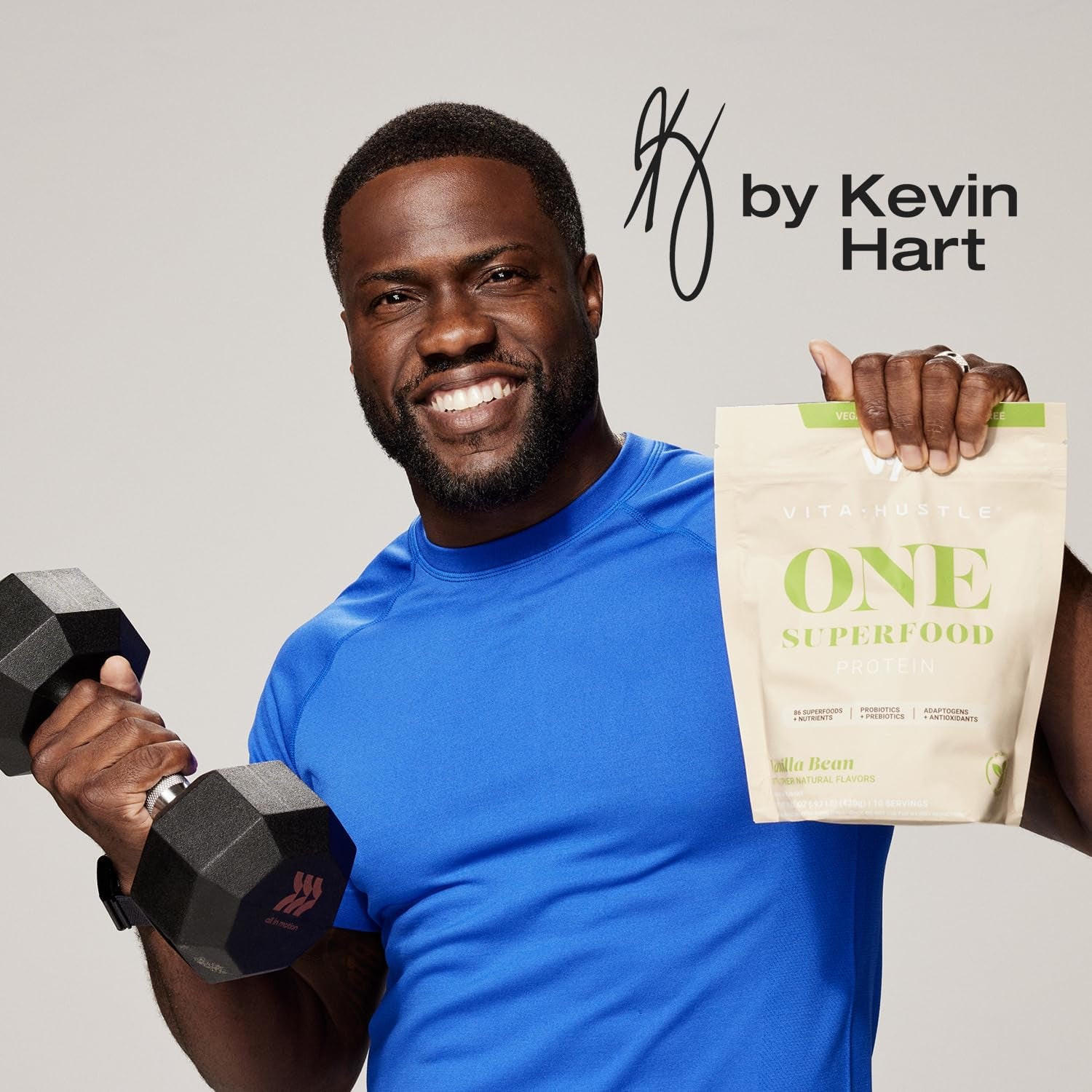 Vitahustle ONE Superfood Protein Powder & Greens Shake by Kevin Hart, 20G Vegan Protein, Meal Replacement, Probiotics, No Added Sugar (Vanilla Bean) 15 Svg