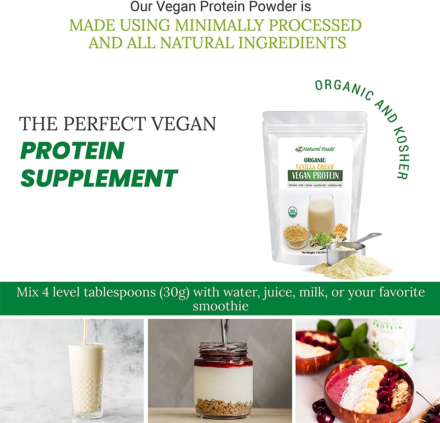 Z Natural Foods Organic Vanilla Cream Vegan Protein Powder, Vanilla Flavored Vegan Protein Supplement, All Natural, Vegan, Non-Gmo, 1 Lbs