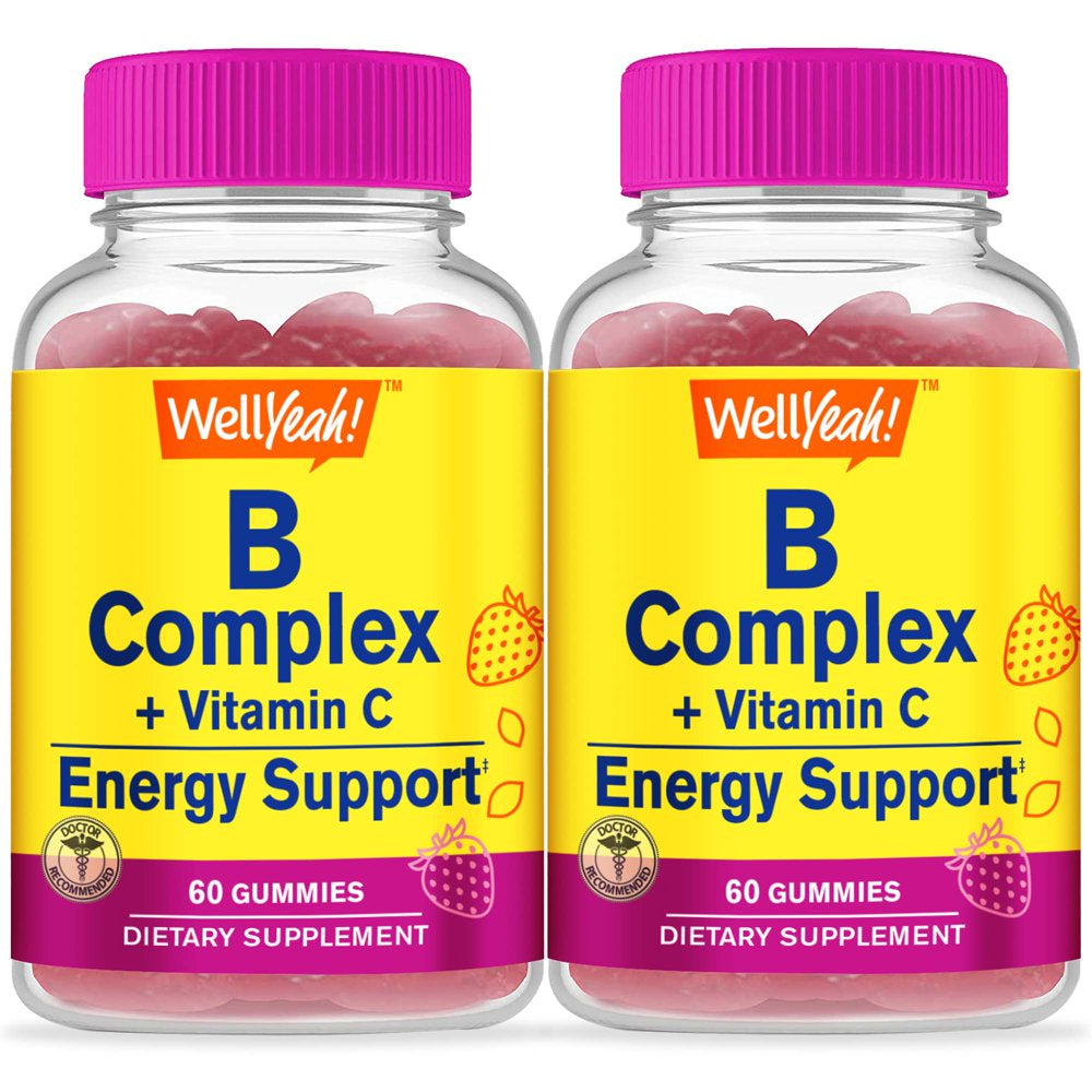 Wellyeah Vitamin B Complex Gummies (2 Pack) - with Vitamin C, Niacin, Vitamin B6, Folic Acid, Vitamin B12, Biotin & Pantothenic Acid - 2 Month Supply - Strawberry Flavor, Gluten Free - 60 Gummies