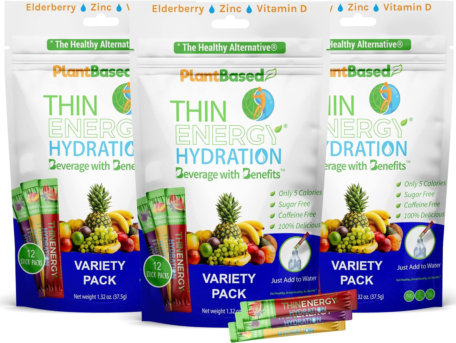 Thin Energy Hydration Powder Packets | 30 Sticks | 3 Variety Pack | Electrolytes & Minerals | Low Calories | Keto Hydration Drink Mix | Zero Sugar & Zero Caffeine | Gluten Free