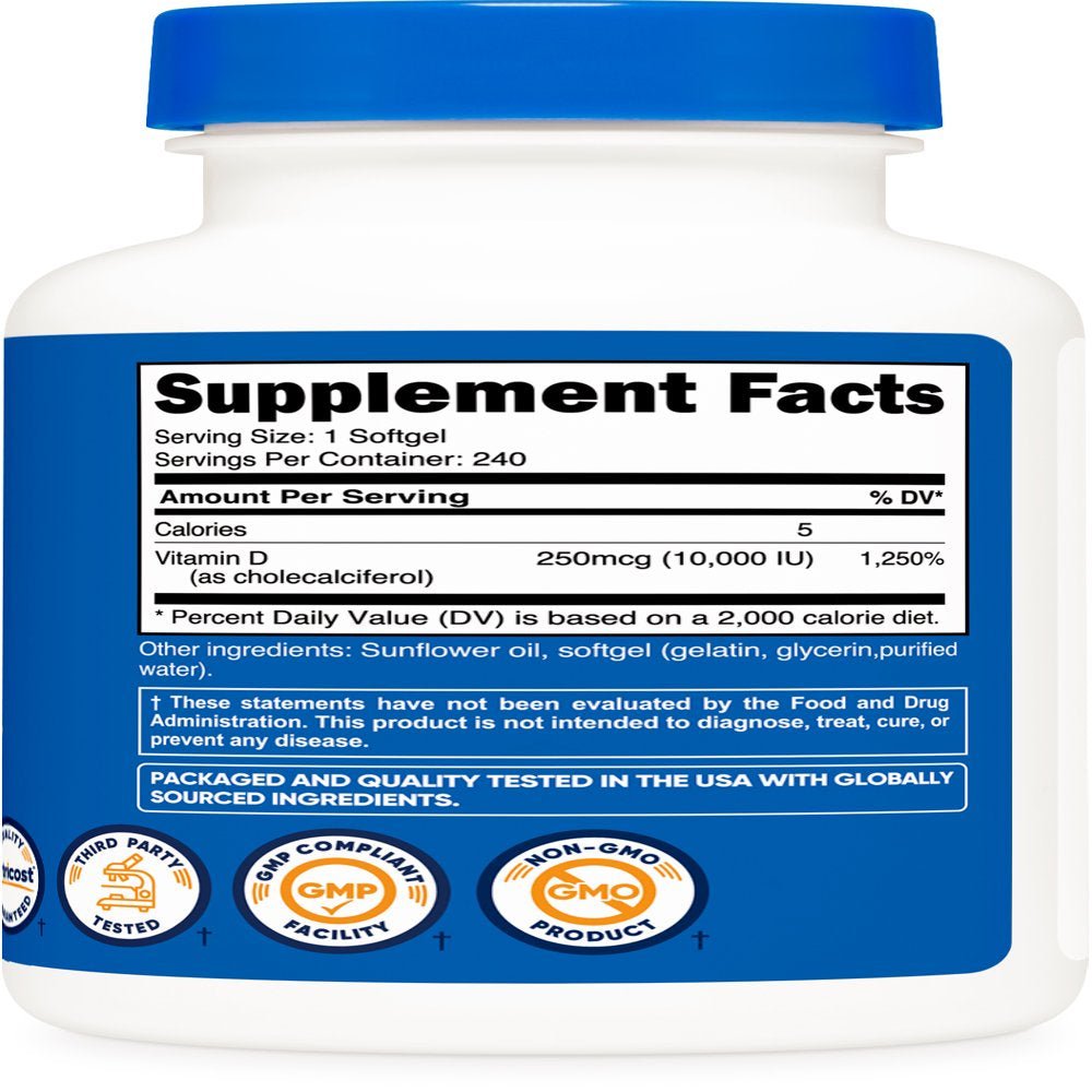 Nutricost Vitamin D3 10,000 IU Supplement, 240 Soft Gel Caps