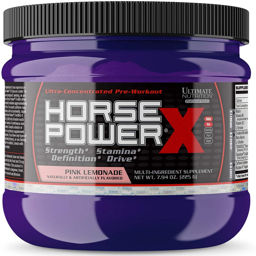 Ultimate Nutrition Horse Power X, Concentrated Pre Workout Supplement, Creatine and Vitamin B12, Low Carb, Support Strength, Pink Lemonade, 7.94Oz (225G)