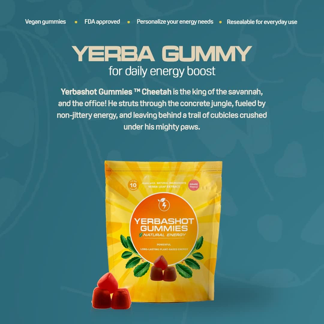 Yerbashot Energy Gummies - Natural Yerba Mate and Guarana Caffeine Chews for Instant Energy, Organic, Healthy Vegan Fast Fuel Gummies Boost. B12, B1, Taurine, Lysine. 10 Pack, Grape Flavor