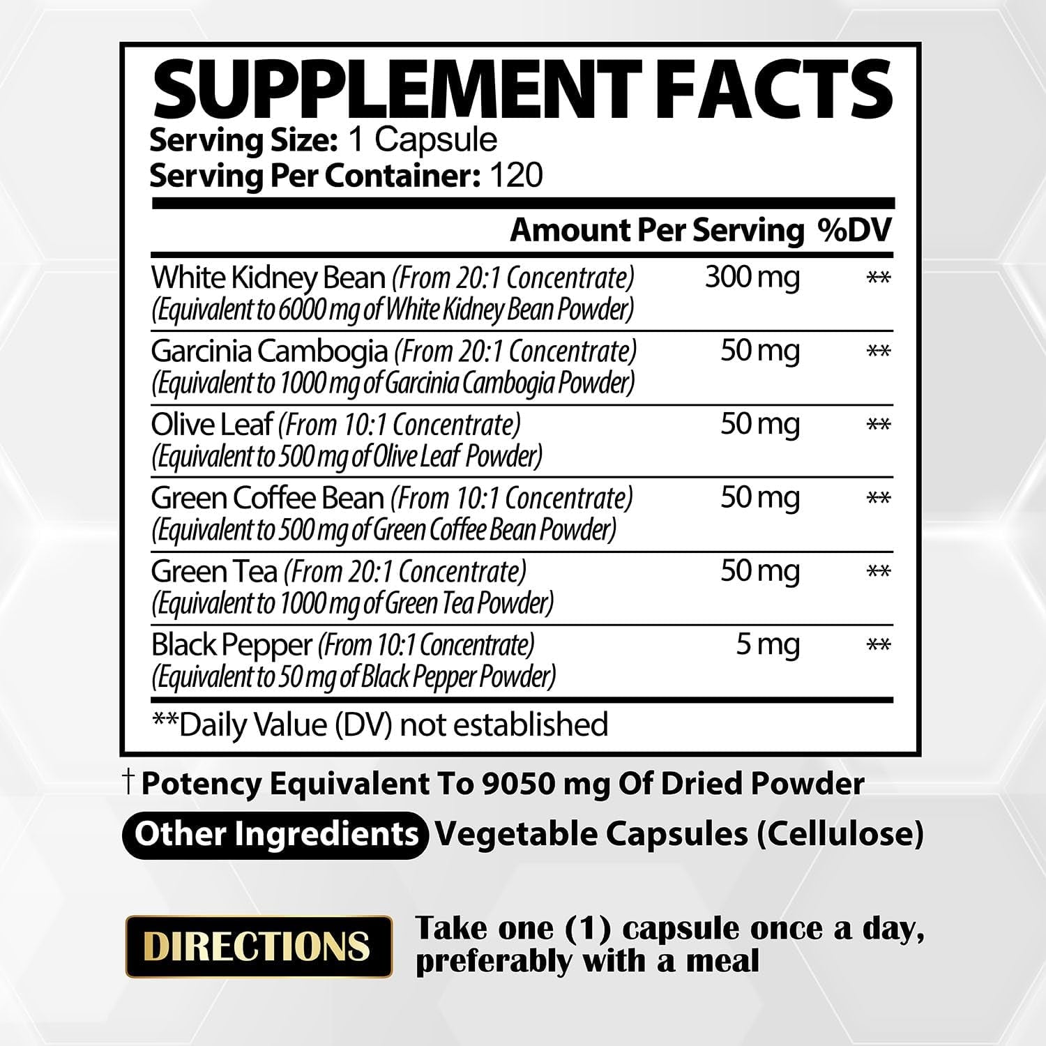 6In1 White Kidney Bean Extract Capsules 9050 Mg - with Garcinia Cambogia, Olive Leaf, Green Coffee Bean & More - Energy, Immune Support & Body Form Management for Women & Men - 120 Count