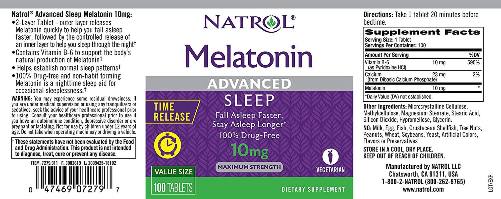 Natrol Melatonin Advanced Sleep Tablets with Vitamin B6, Helps You Fall Asleep Faster, Stay Asleep Longer, 2-Layer Controlled Release, 100% Drug-Free, Maximum Strength, 10Mg, 100 Count