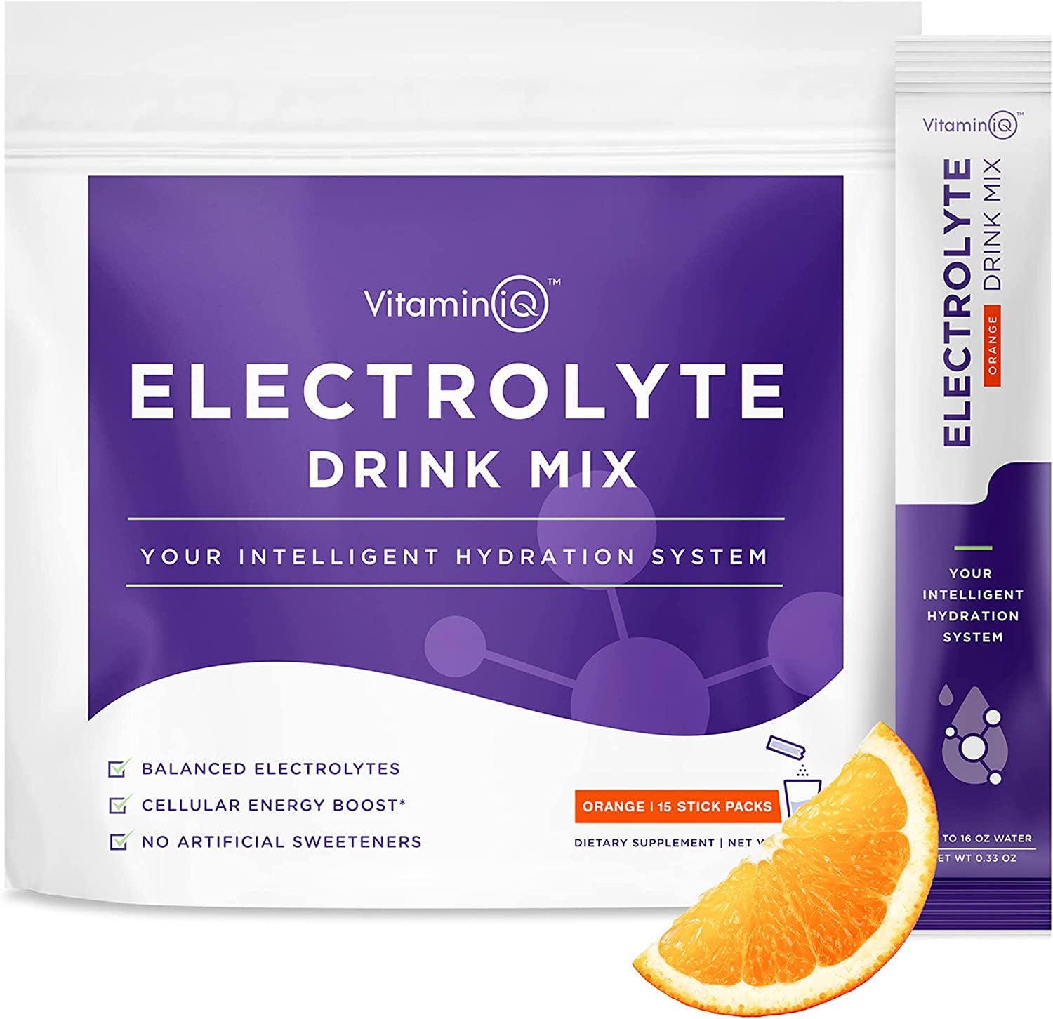 Vitaminiq Electrolytes Powder - 15 Sticks Electrolyte Powder Packets for Energy & Endurance - IV Hydration Multiplier Electrolyte Mix for Mental Clarity & Fluid Balance - IV Hydration Packets, Orange