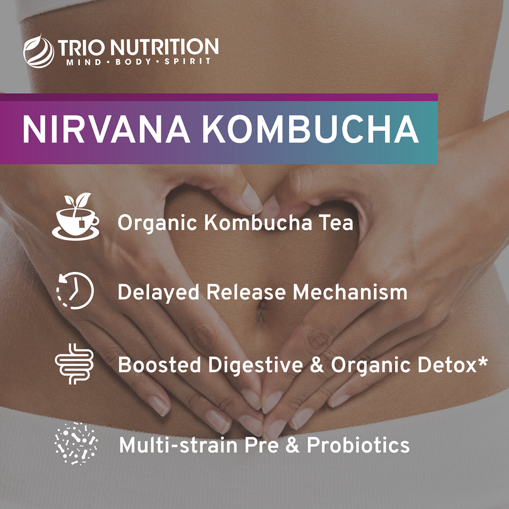 Trio Nutrition Nirvana Kombucha | Probiotic, Prebiotic & Organic Kombucha Tea | Billions of Multi-Strain Probiotics | Eases Bloating, Digestive & Immune Support for Men & Women | Supports PH Balance*