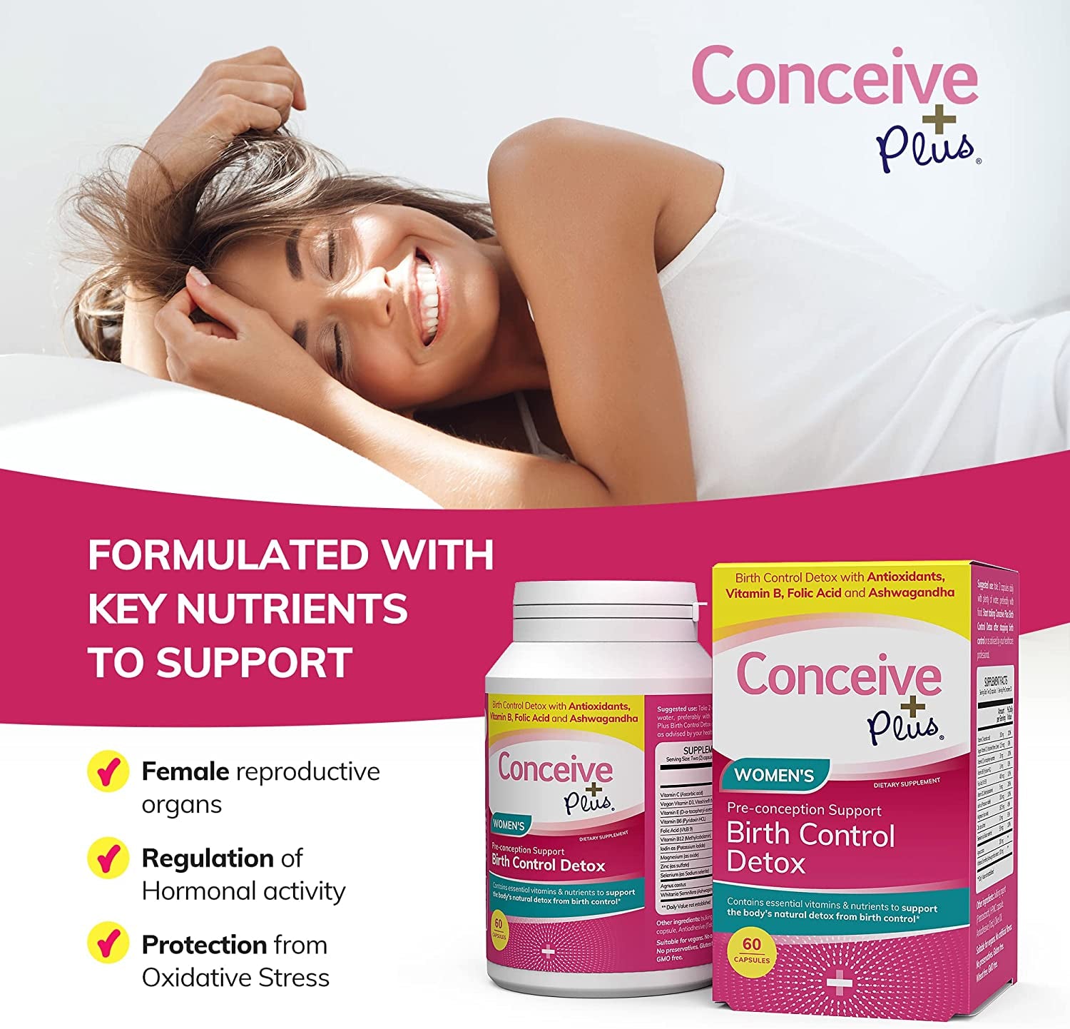 CONCEIVE plus Birth Control Detox, 30-Day Program, 60 Capsules, Hormone Balance, Fertility Support, Birth Control Cleanse, Prenatal Vitamins for Women