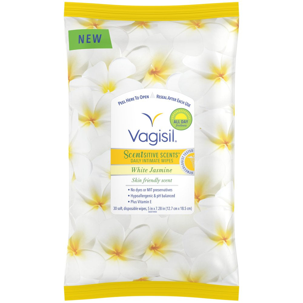 Vagisil Sensitive Scents plus Daily Intimate Vaginal Wipes, White Jasmine, 30 Count