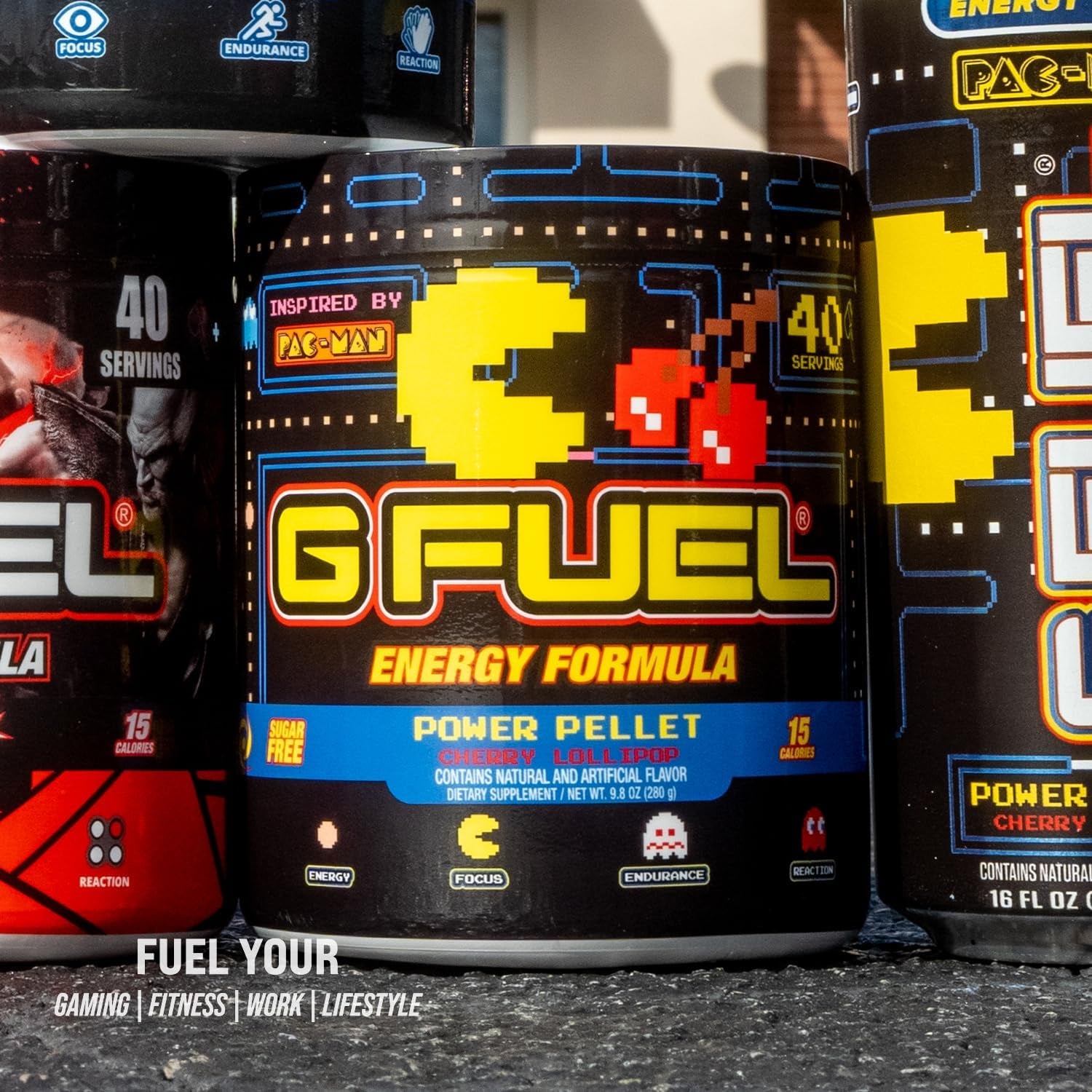 G Fuel Pac-Man Energy Powder, Sugar Free, Clean Caffeine Focus Supplement, Water Mix, Cherry Lollipop Flavor, Focus Amino, Vitamin + Antioxidants Blend, 9.8 Oz (40 Servings)