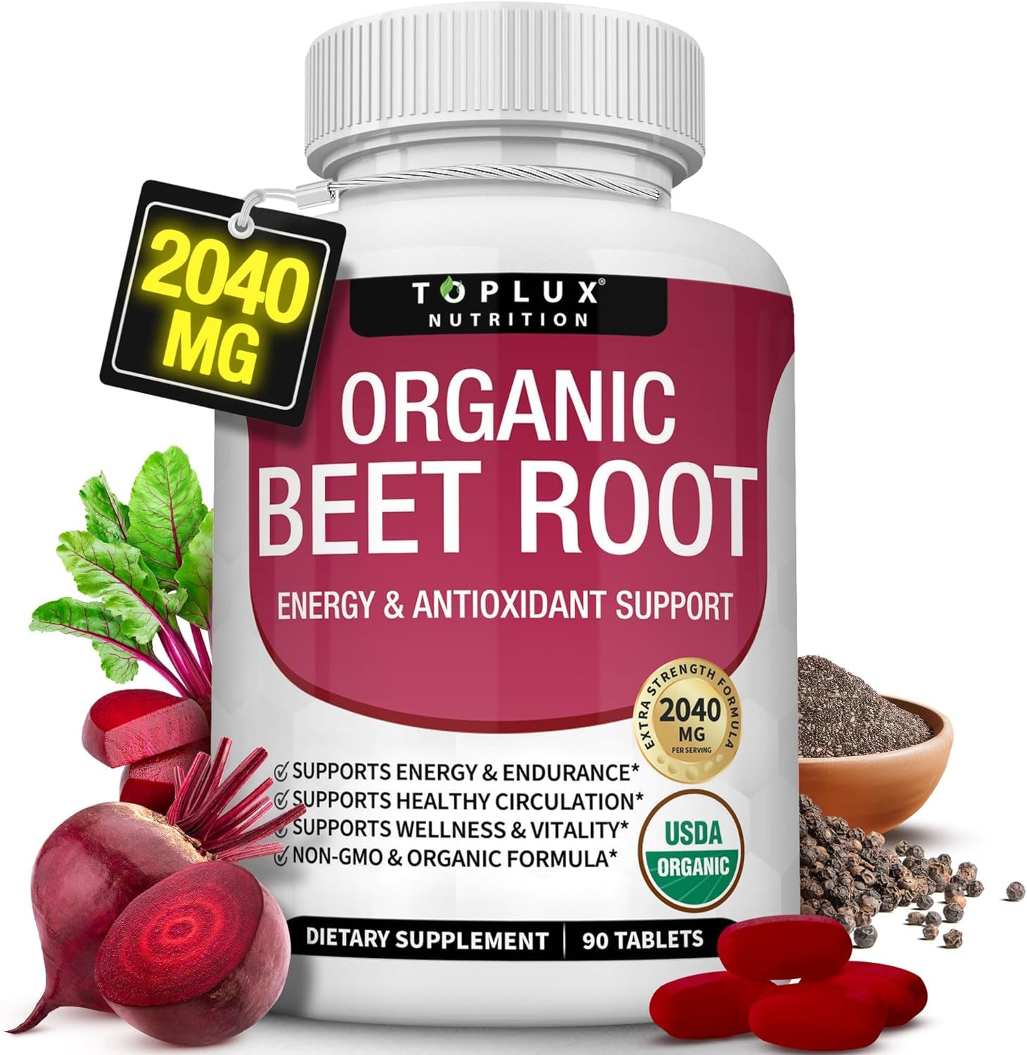 Organic Beet Root Powder Tablets - 2040Mg Natural Nitric Oxide Beets to Support, Energy, Black Pepper Better Absorption, Non-Gmo, for Men Women, 90 Tablets