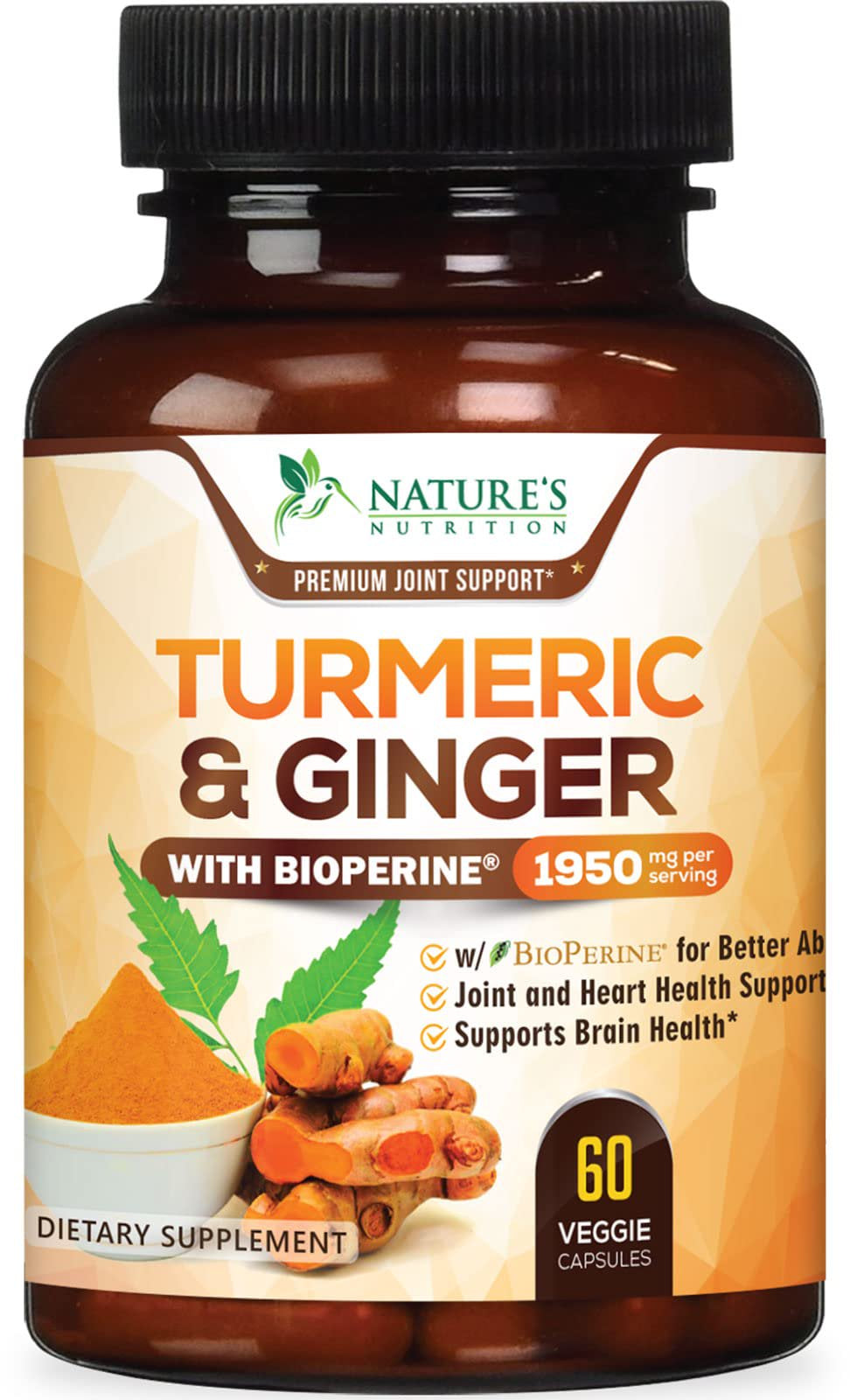 Turmeric Curcumin with Bioperine & Ginger 95% Standardized Curcuminoids 1950Mg Black Pepper for Max Absorption Joint Support, Nature'S Tumeric Herbal Extract Supplement, Vegan, Non-Gmo - 60 Capsules