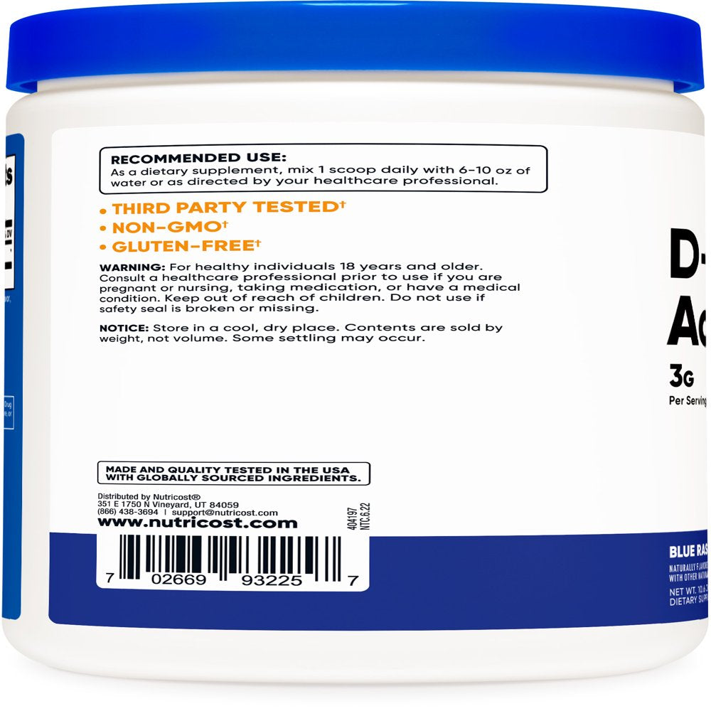 Nutricost D-Aspartic Acid (DAA) Powder 300G (Blue Raspberry) - Amino Acid