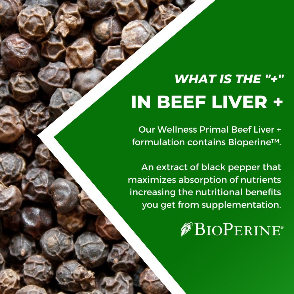 Wellness Primal Beef Liver plus Supplement (Desiccated) Grass Fed , Argentinian Raised Cattle Natural Iron, Vitamin A, B12 for Energy (180 Capsules)