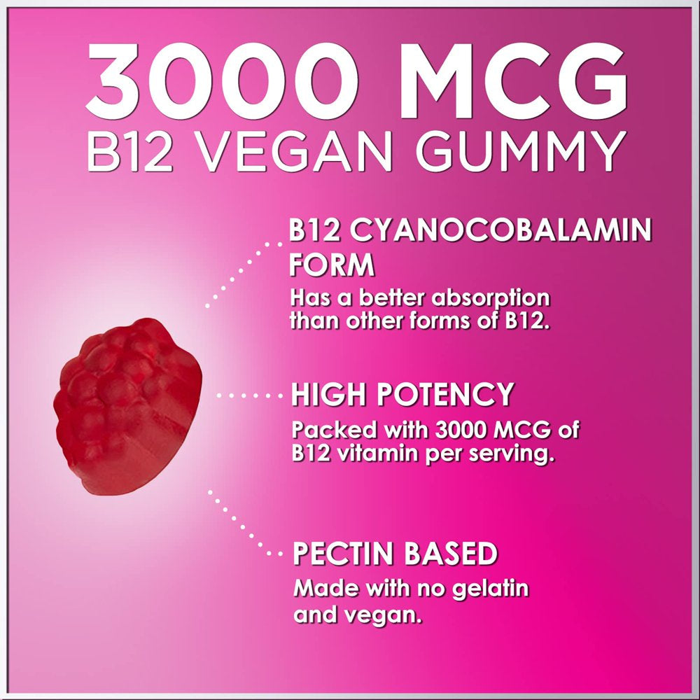 Vitamin B12 Gummies 3000 Mcg, High Absorption Vitamin B-12 Energy & Immune System Support Gummy Vitamins, Vegan Gummy, Natural Energy Support, Raspberry Flavor, for Adults and Kids - 60 Gummies