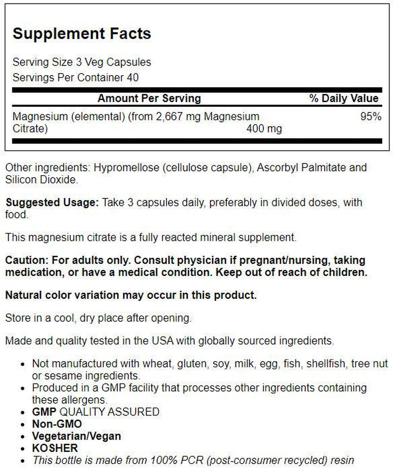 NOW Supplements, Magnesium Citrate, Enzyme Function*, Nervous System Support*, 120 Veg Capsules