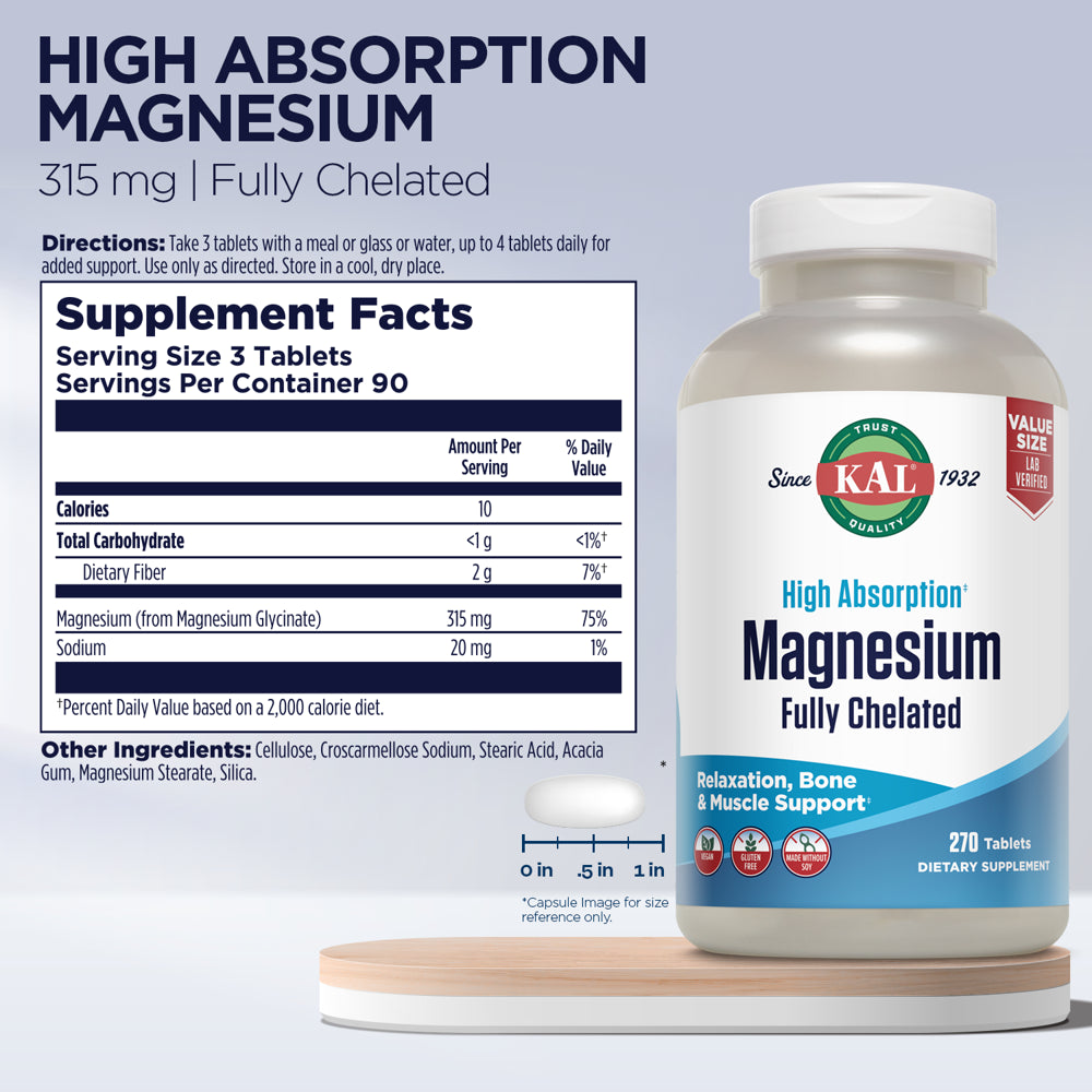 KAL Magnesium Glycinate 315Mg, Fully Chelated, High Absorption Magnesium Supplement for Stress, Relaxation, Muscle & Bone Health Support, Vegan, Gluten Free, Value Size, 90 Servings, 270 Tablets