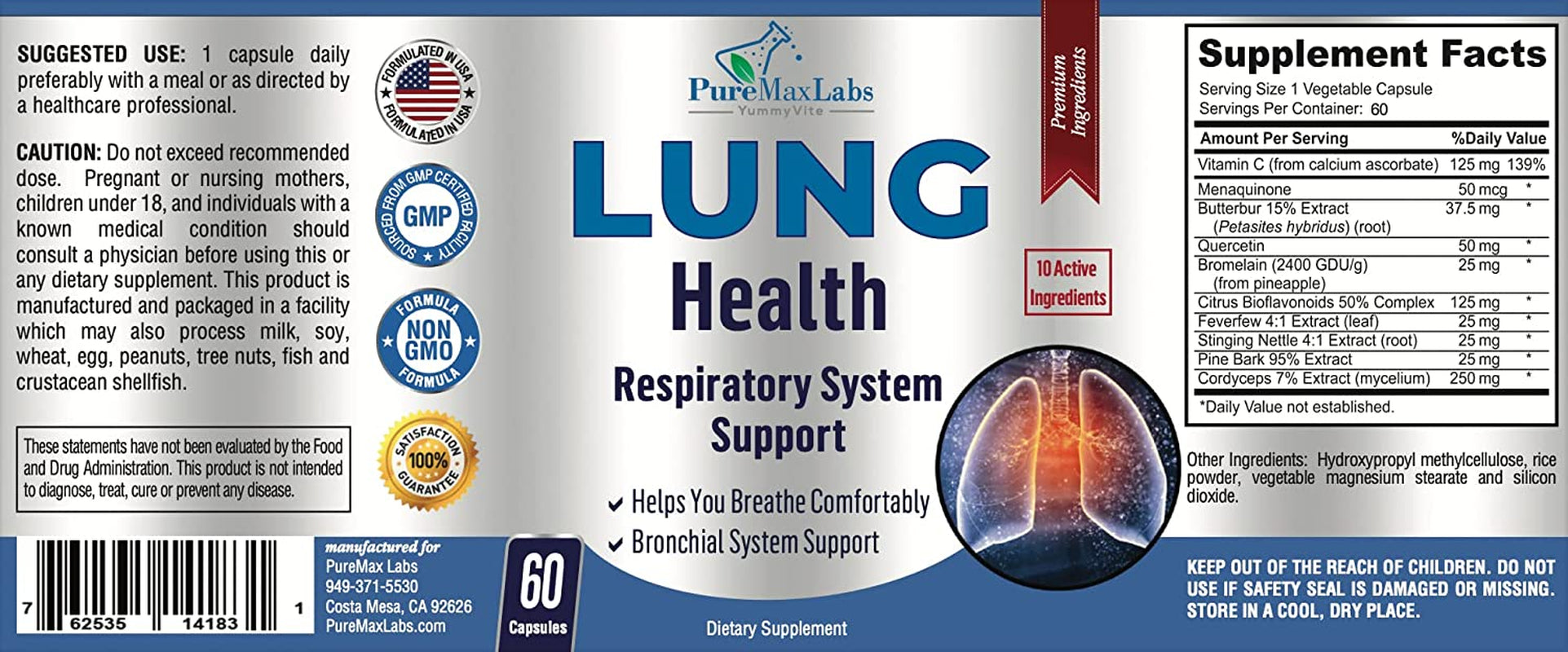 YUMMYVITE Lung Support Supplement, Lung Cleanse & Lung Detox Formula, Lung Health Support for Clear Lungs, Comfortable Breathing, Bronchial Health, 60 Capsules