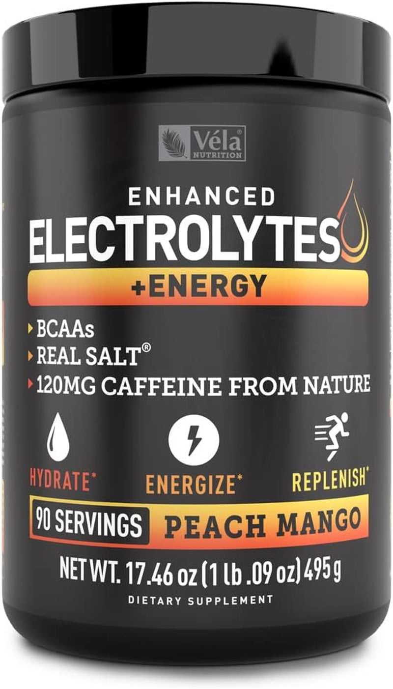 Véla Electrolyte Powder Recovery Drink + Energy (90 Servings | Peach Mango) W Real Salt +Bcaas Sugar Free Electrolyte Supplement W Potassium Zinc & Magnesium for Hydration