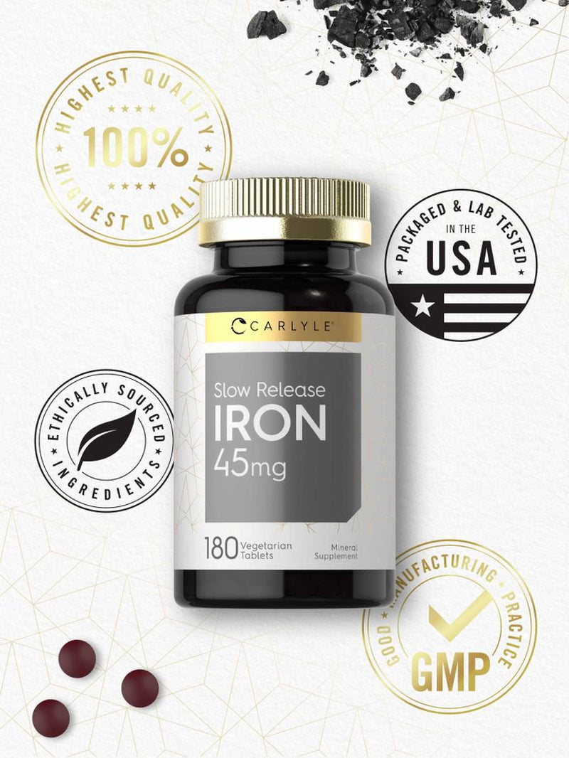 Slow Release Iron 45 Mg | 180 Tablets | Vegetarian Formula | Ferrous Sulfate | by Carlyle