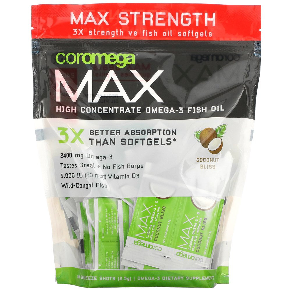 Coromega Max High Concentrate Omega-3 Fish Oil, Coconut Bliss, 90 Squeeze Shots, 2.5 G Each