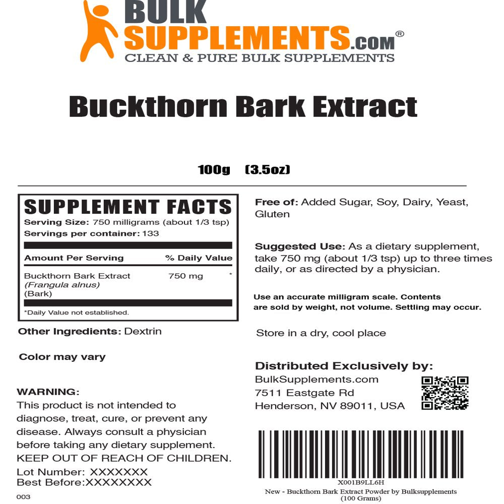 Bulksupplements.Com Buckthorn Bark Extract Powder, 750Mg - Supplements for Digestive Support (100G - 133 Serv)
