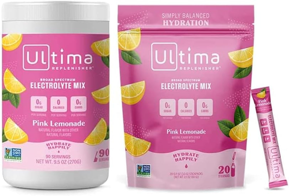 Ultima Replenisher Hydration Electrolyte Powder- Keto & Sugar Free- at Home & on the Go Convenience Bundle- Feel Replenished, Revitalized- Pink Lemonade, 90 Serving Canister & 20 Serving Stickpack​