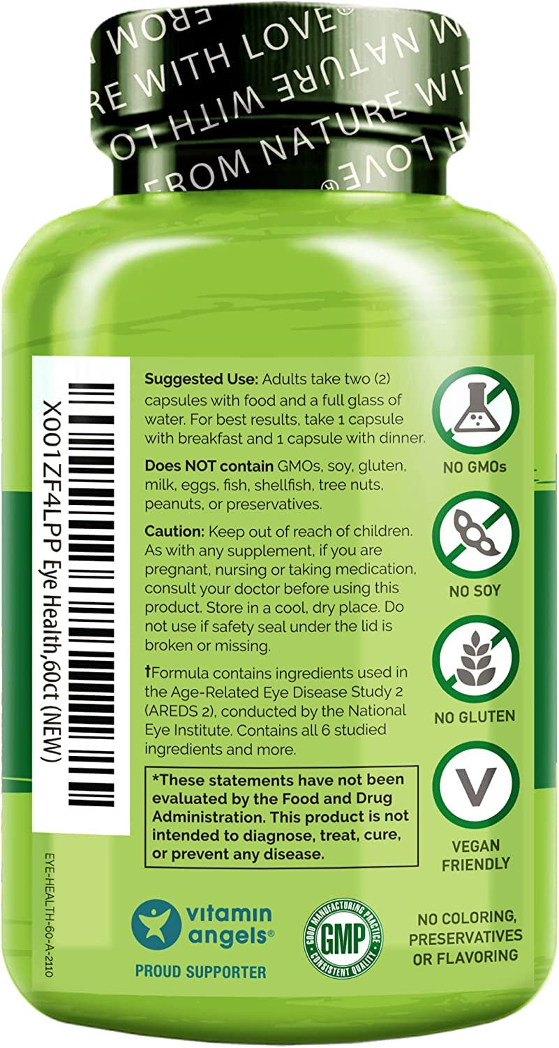 NATURELO Eye Vitamins - AREDS 2 Formula Nutrients with Lutein, Zeaxanthin, Vitamin C, E, Zinc, Pl DHA - Supplement for Dry Eyes, Healthy Vision, Eye Support - 60 Vegan Capsules
