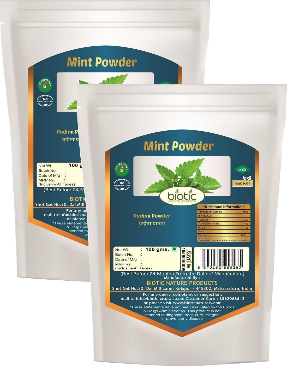 TARIN Biotic Mint Powder - Pudina Leaf Powder - Pudina Leaves Powder - Fresh Mint Leaf Powder - 200G (Pack of 2)