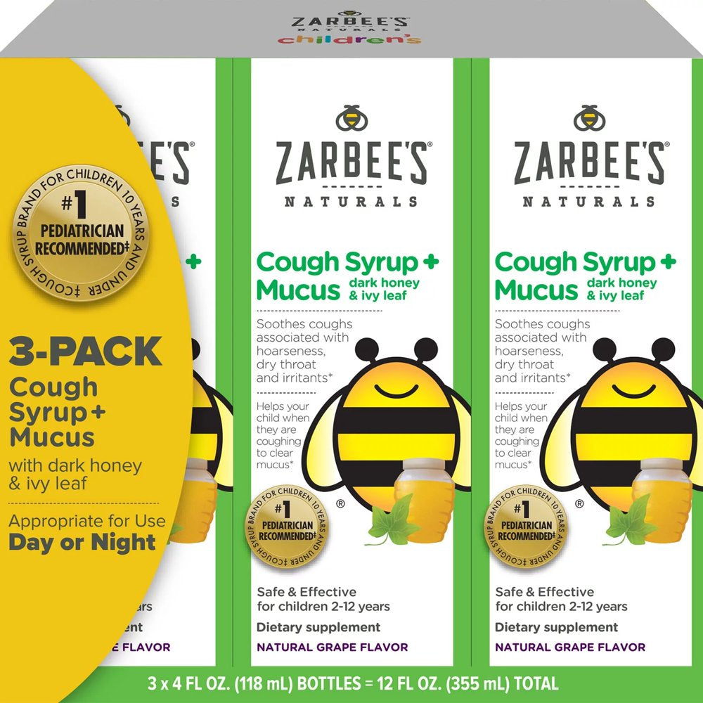 Zarbee'S Naturals Children'S Cough Syrup + Mucus with Dark Honey & Ivy Leaf, Natural Grape Flavor, 4 Oz Bottles (Pack of 3)