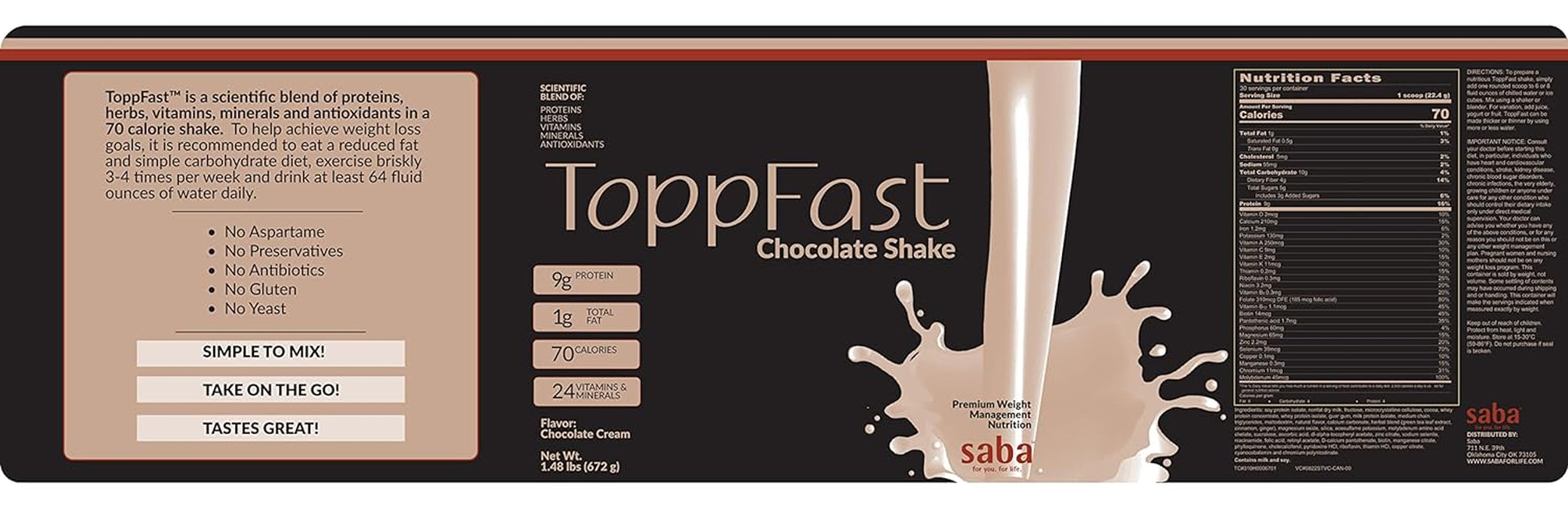 Saba Toppfast™ Nutritional Shake -Scientific Blend of Proteins, Herbs, Vitamins, Minerals, & Antioxidants -30 Servings