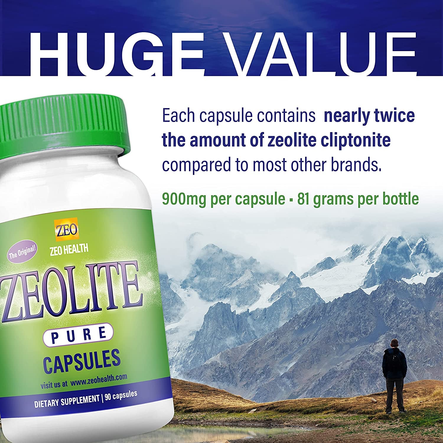 Zeolite Pure Capsules | Zeolite Detox, Extra Strength | Pure, Full Body Cleanse for Women, Men | Activated Organic, Food Grade Clinoptilolite Powder 94%, 90 Caps (81 Grams), 6 Wk to 3 Mo Supply