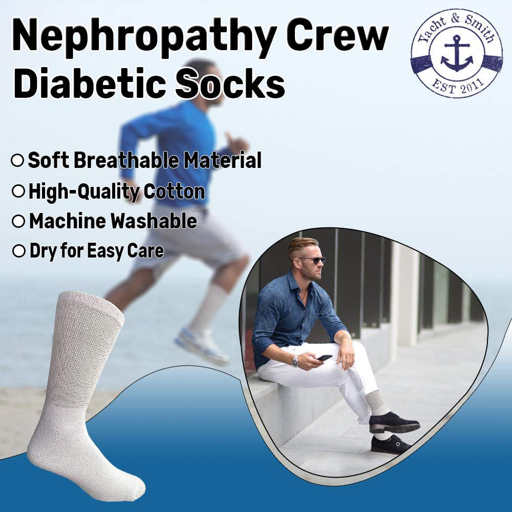 6 Pair of Excell Mens White Diabetic Neuropathy Socks, Sock Size 10-13 (White)