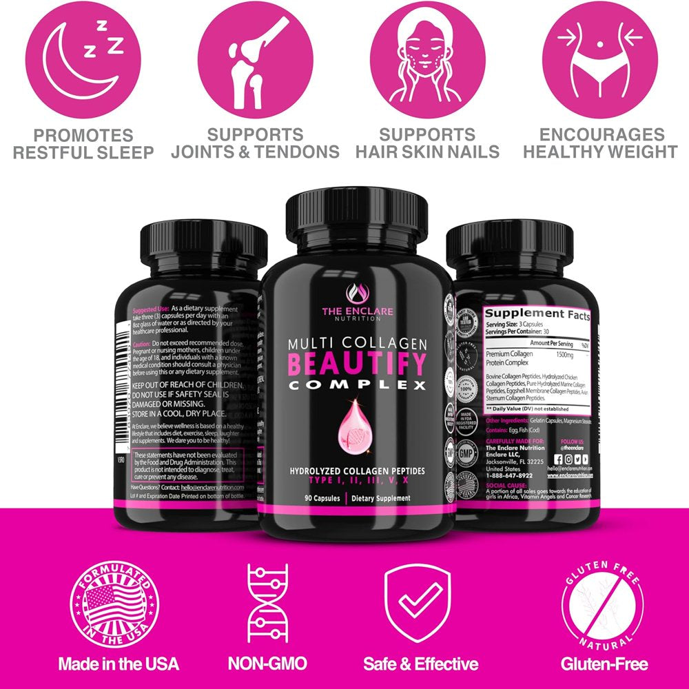 Collagen Pills Multi Collagen Complex Type I, II, III, V, X - Hydrolyzed Collagen Peptides Capsules, Hair Skin and Nails Vitamins, Joint Support, 90 Ct. - Enclare Nutrition Beautify