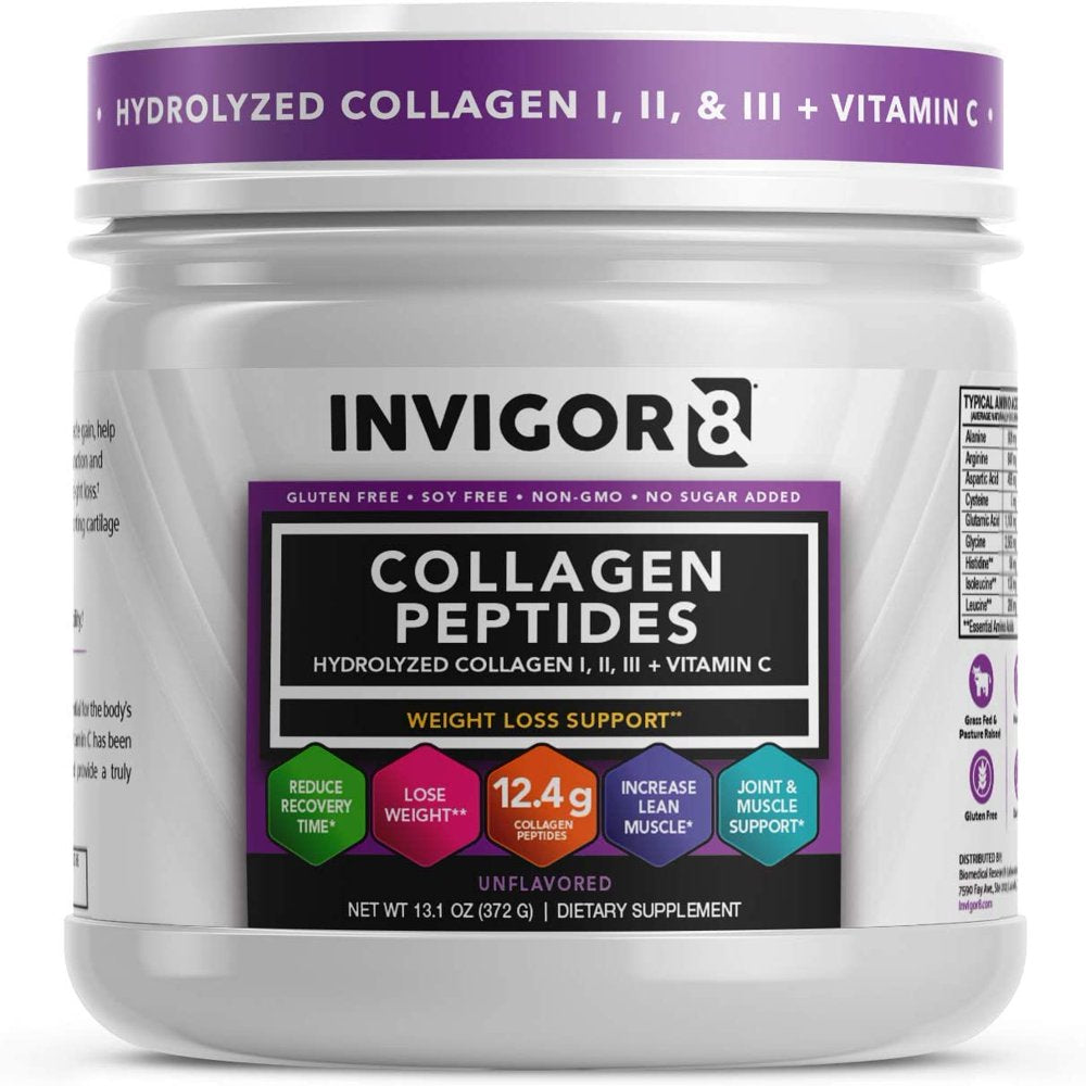 INVIGOR8 Collagen Peptides Weight Loss Formula Hydrolyzed Collagen Types I, II, & III + Vitamin C Unflavored Non-Gmo Grass-Fed Supplement Blend